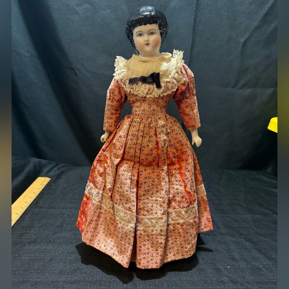 Antique German 13” Porcelain Doll Faded Outfit